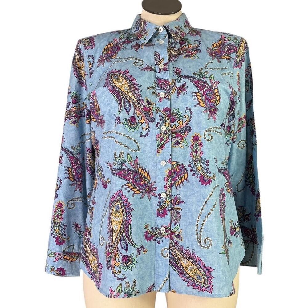Talbots Top Women XLP Petite Blue Multi Cotton Paisley Button Long Sleeve Shirt